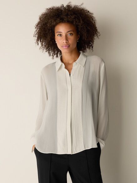 Eileen Fisher Sheer Silk Georgette Classic Collar Shirt in Plaster