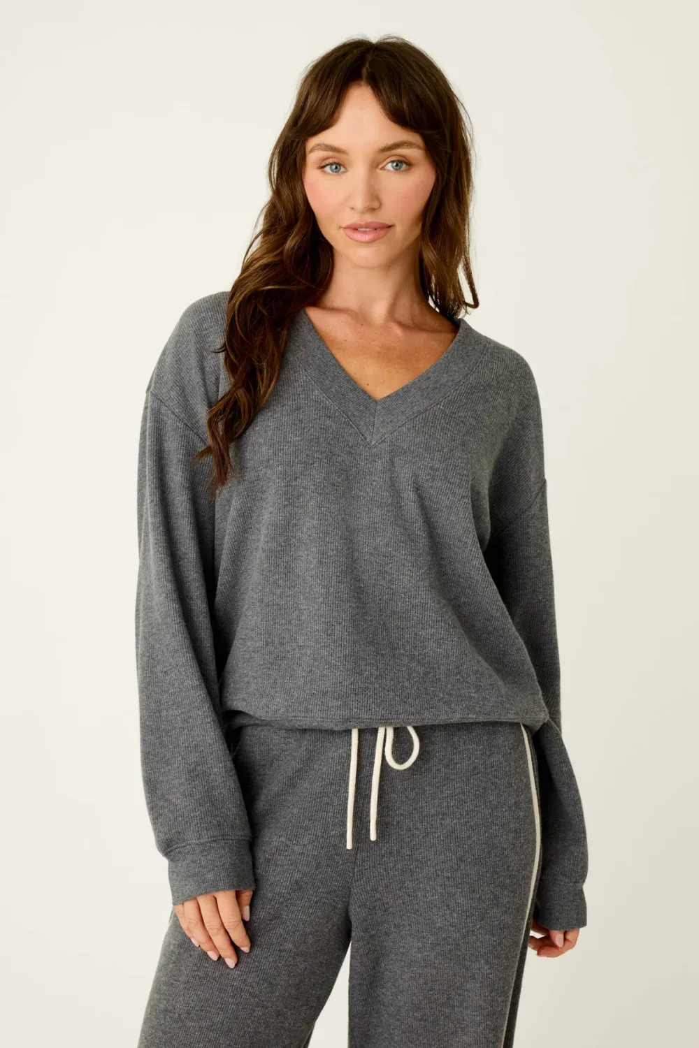 PJ Salvage Weekday Waffles Long Sleeve Top in Dark Charcoal
