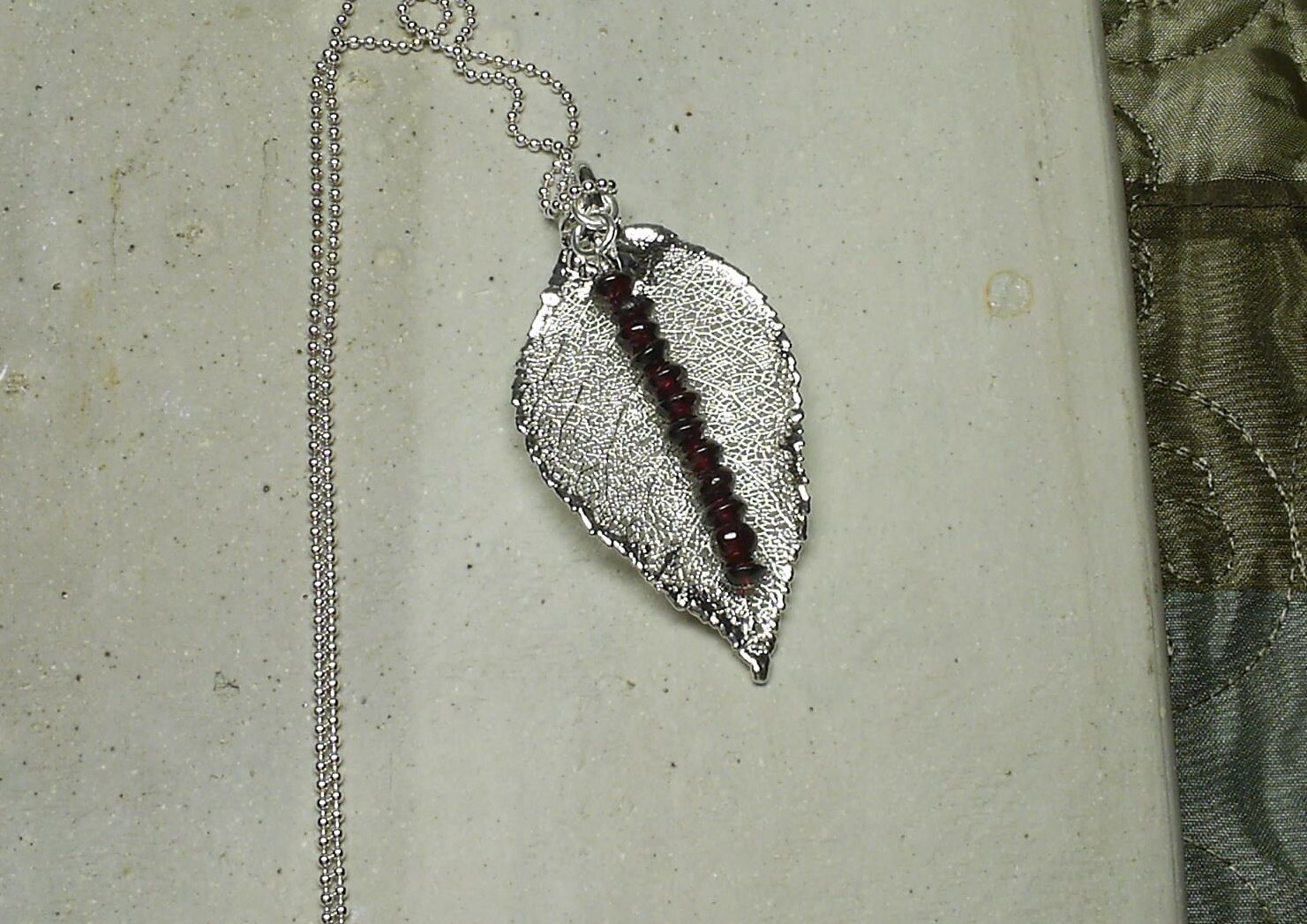 Sterling Silver Dipped Rose Leaf with Garnet