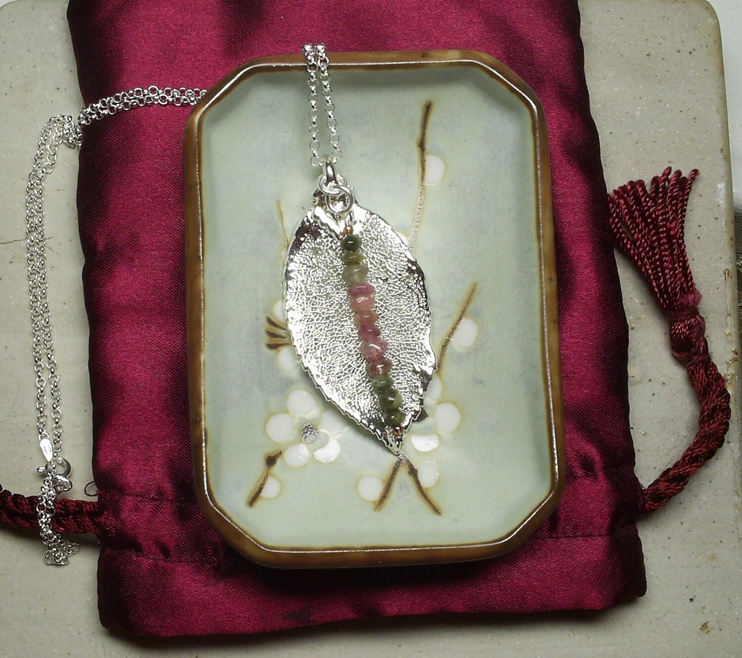 Sterling Silver Dipped Rose Leaf with Tourmaline