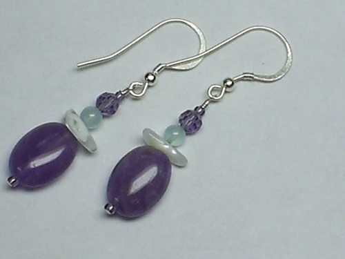 Amethyst Aquamarine and Shell ~ Sterling Silver Earrings