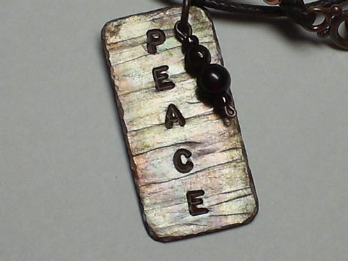 Custom Handmade &quot;PEACE&quot; Tag Necklace with Hoop and Crystals ~ Copper