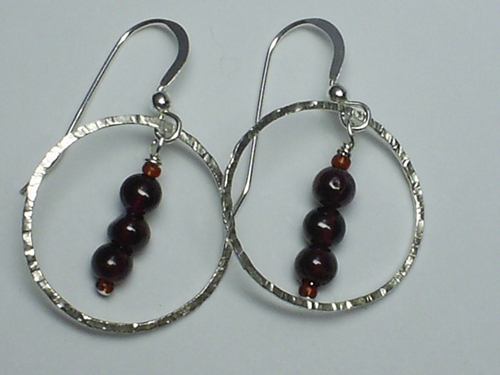 Garnet on Hand Hammered Hoops ~ Sterling Silver Earrings