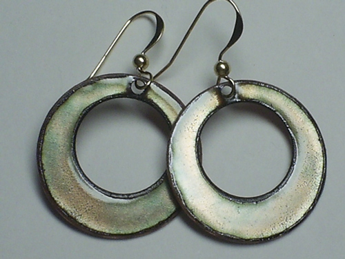 Iridescent Greenish Earthy Enamel Round Cutouts ~ 14K Gold Filled Earrings