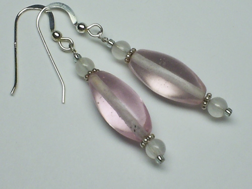 Pink Glass and Rose Quartz ~ Sterling Silver Earrings