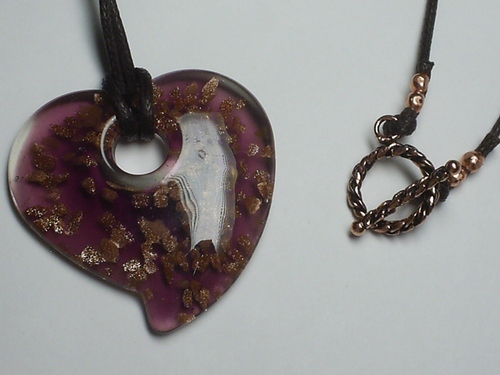 Purplish Glass Copper Flecked Heart ~ Copper Clasp