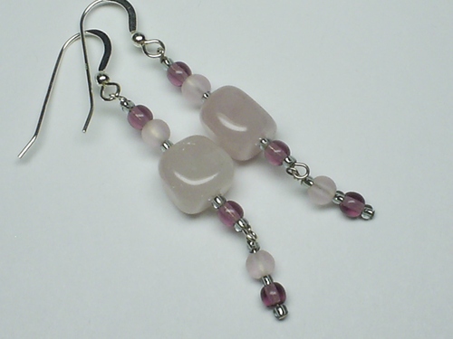 Rose Quartz Amethyst Dangles ~ Sterling Silver Earrings