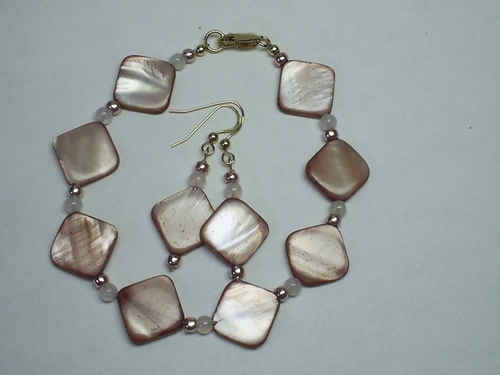 Rosy Pink Shell and Rose Quartz Bracelet and Earring Set ~ Gold Filled
