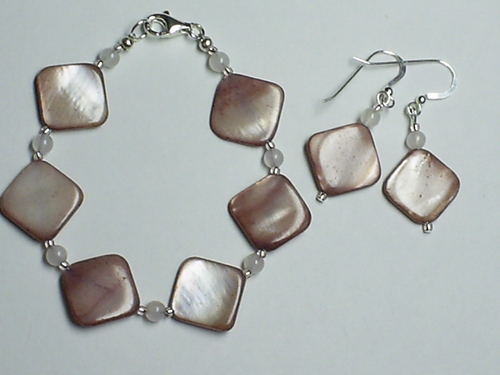 Rosy Pink Shell and Rose Quartz Bracelet and Earring Set ~ Sterling Silver