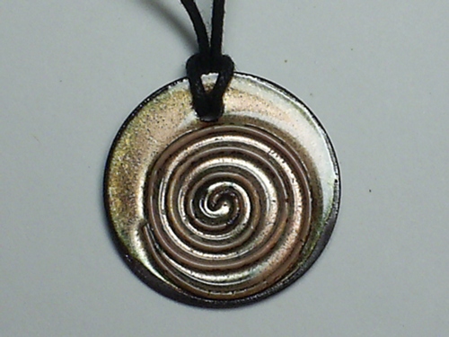 Round Open Swirl Iridescent Greenish Champagne Pendant Necklace on Woven Cotton Cord