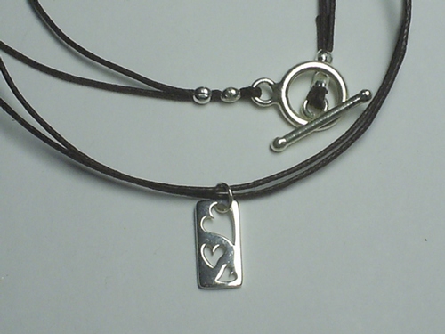 Triple Heart Charm on Double Strand of Brown Woven Cotton ~ Sterling Silver