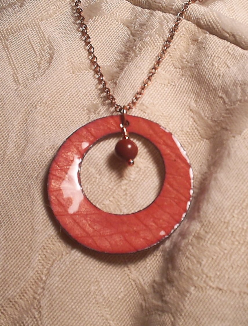 Textured Copper Enamel Moon with Red Tigers Eye