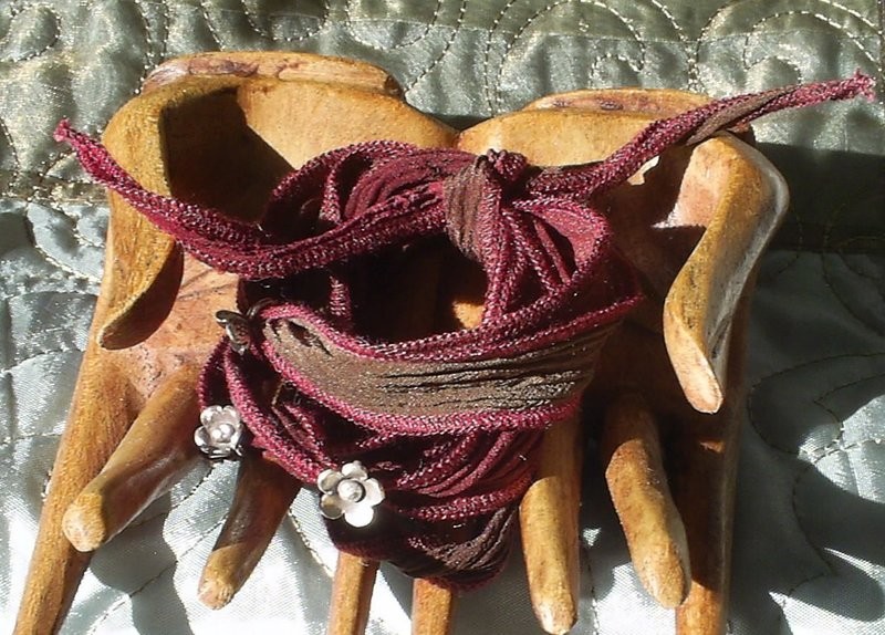 Chocolate Garnet Silk Wrap - 36&quot; Hand Dyed Silk with Fine Silver Adornments