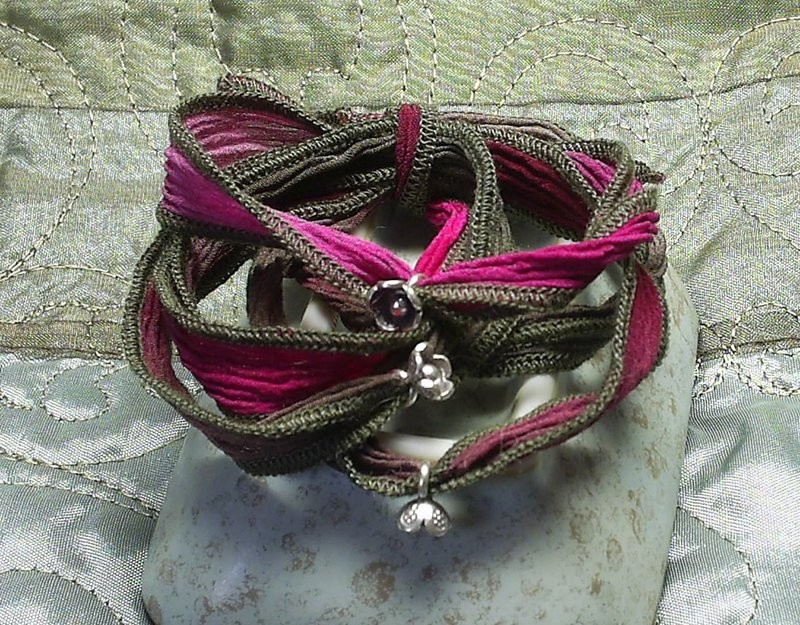 Magenta Raspberry Taupe Silk Wrap - 36&quot; Hand Dyed Silk with Fine Silver Adornments