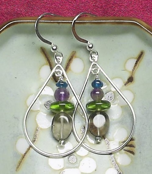 Sterling Fairy Drops With Apatite, Amethyst, Glass, and Smokey Quartz
