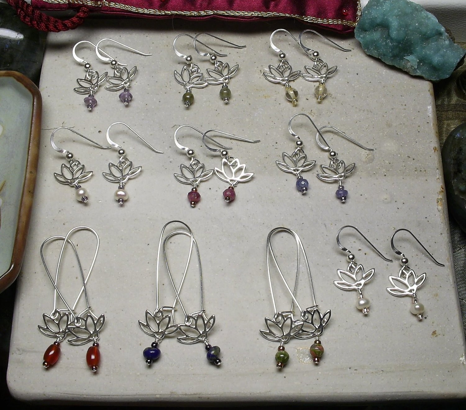Lotus Dangles ~ Sterling Silver with Varying Stones