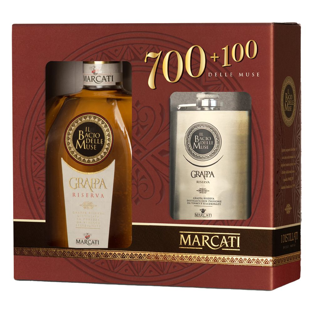 Grappa Marcati  Bacio Muse Amarone d. Valpolicella Invecchiata + Fiaschetta Astucciati
