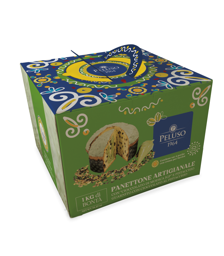 PELUSO PANETTONE AL PISTACCHIO CON CIOCCOLATO DI MODICA IGP E CREMA DI PISTACCHIO IN SAC A POCHE