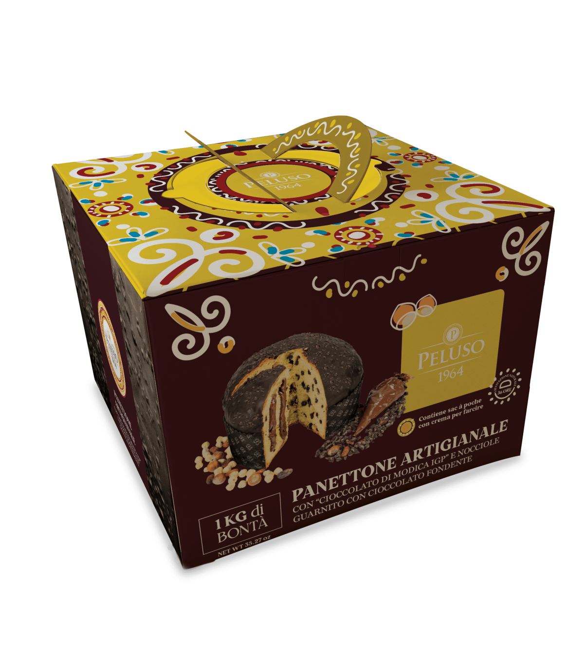 PELUSO PANETTONE ALLE NOCCIOLE CON CIOCCOLATO DI MODICA IGP E CREMA ALLE NOCCIOLE IN SAC A POCHE