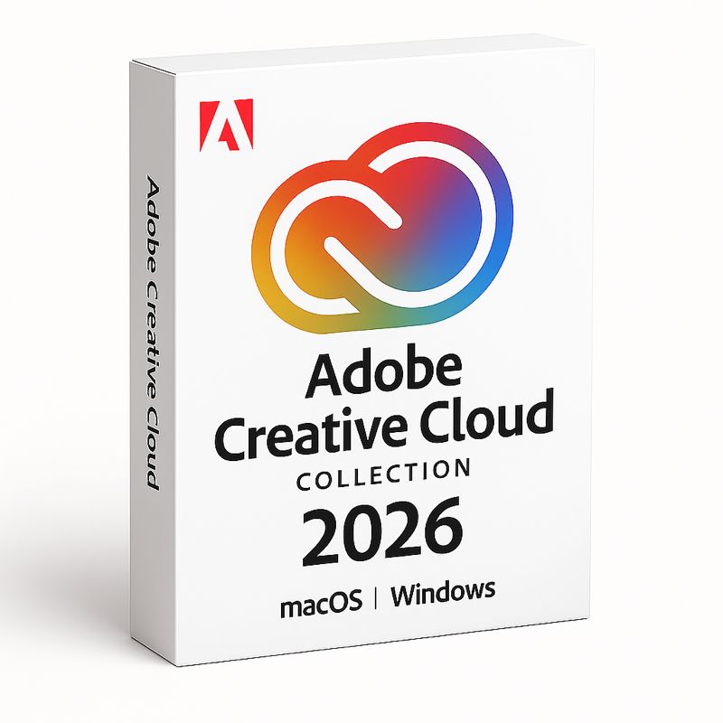 Adobe Creative Cloud 2026 with Photoshop, Illustrator and Premiere Pro creative software for Mac and Windows