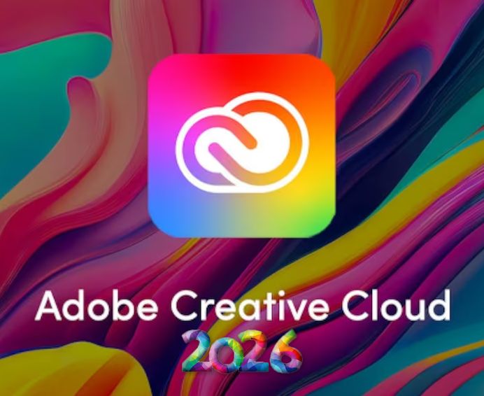 Adobe Creative Cloud 2026 with Photoshop, Illustrator and Premiere Pro creative software for Mac and Windows