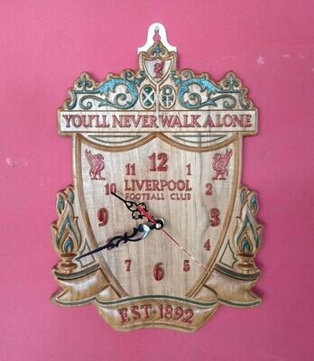 Liverpool FC Must-Have Teak/Rubber Wood Clock: The Ultimate Fan Tribute 26x35 cm