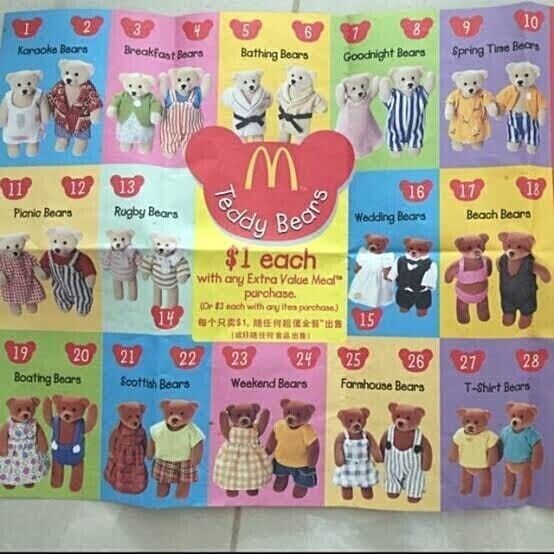 RARE McDonald Happy Meal Toys Teddy Bears 1999 Full Set 28 New in Pack Figures