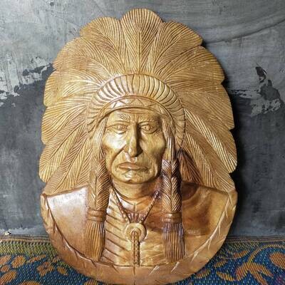 Hand Carving wood Indian Native American Cowboy Head Figurine 20” High 17" Wide