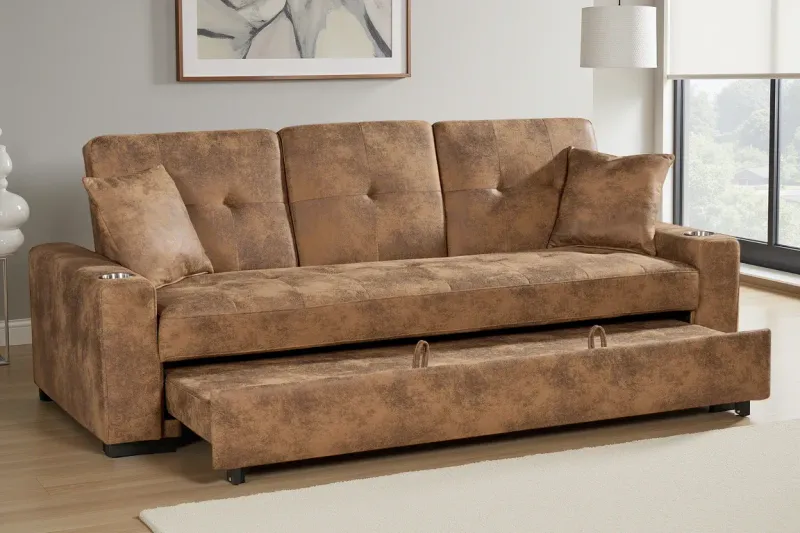 Faux Leather Suede Brown 3 Seater Sofabed