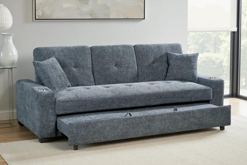 Pale Blue Chenille Fabric 3 Seater Sofabed