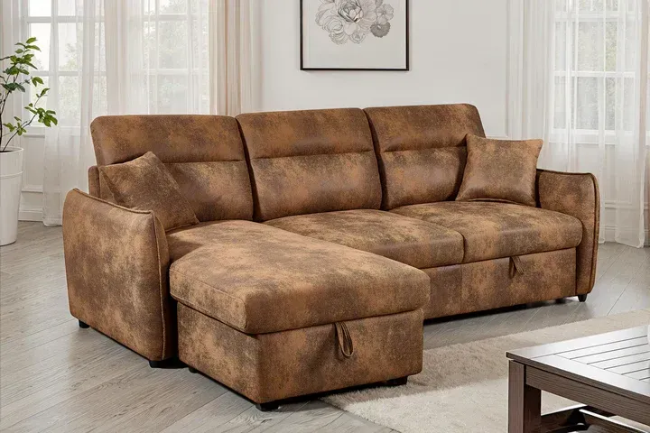 Faux Leather Suede Brown 1C2 Corner Sofabed with Storage Faux Leather Suede Brown 1C2 Corner Sofabed with Storage