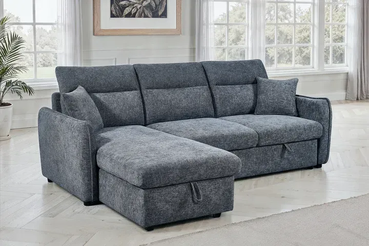 Pale Blue Chenille Fabric 1C2 Corner Sofabed with Storage