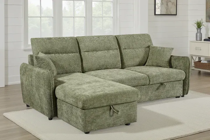 Green Chenille Fabric 1C2 Corner Sofabed with Storage