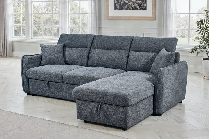 Pale Blue Chenille Fabric 2C1 Corner Sofabed with Storage Pale Blue Chenille Fabric 2C1 Corner Sofabed with Storage