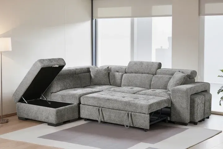 Large Chenille Fabric 1C2 Corner Sofabed with Storage and Ottomans (Grey, Green, Beige, Brown, Blue Colour)