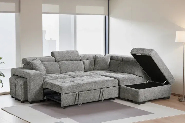 Large Chenille Fabric 2C1 Corner Sofabed with Storage and Ottomans (Grey, Green, Beige, Brown, Blue Colour)