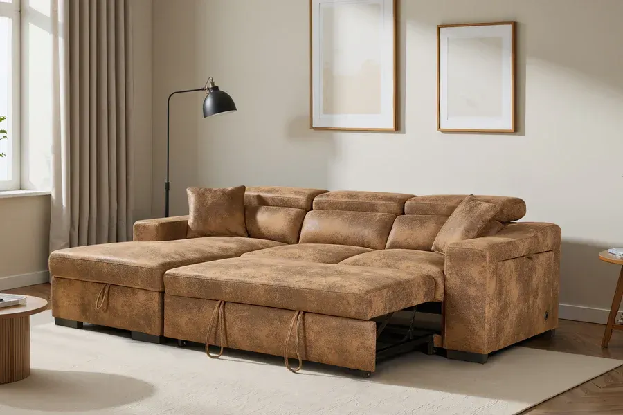 Leather Suede Brown 1C2 Corner Sofabed with Storage and wireless phone charger Leather Suede Brown 1C2 Corner Sofabed with Storage and wireless phone charger