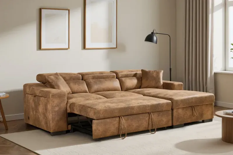 Leather Suede Brown 2C1 Corner Sofabed with Storage and wireless phone charger