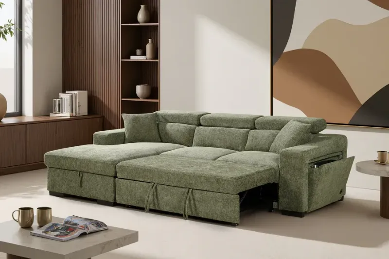 Green Chenille Fabric 1C2 Corner Sofabed with Storage and wireless phone charger