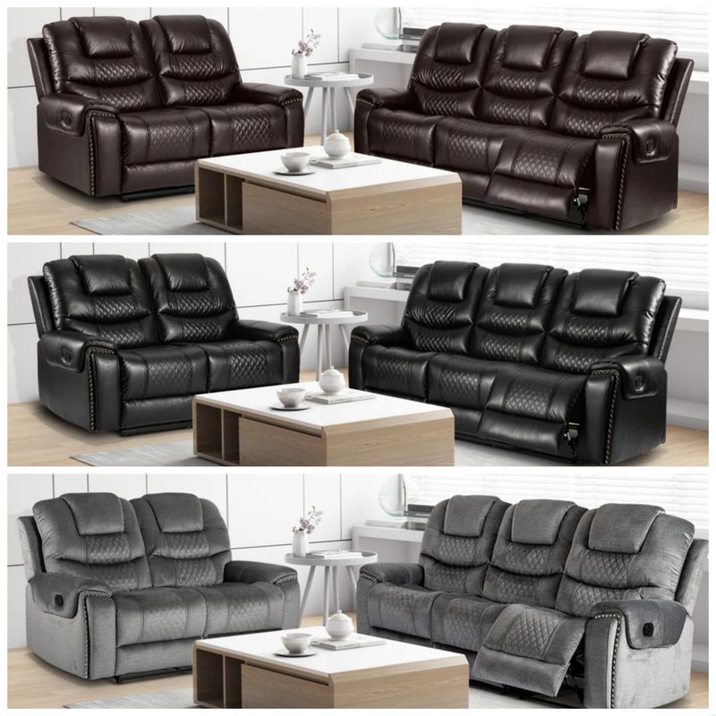 3 + 2 Seater Manual Recliner Sofa Set RAVENNA (Black and Brown Faux Leather and Grey Chenille)