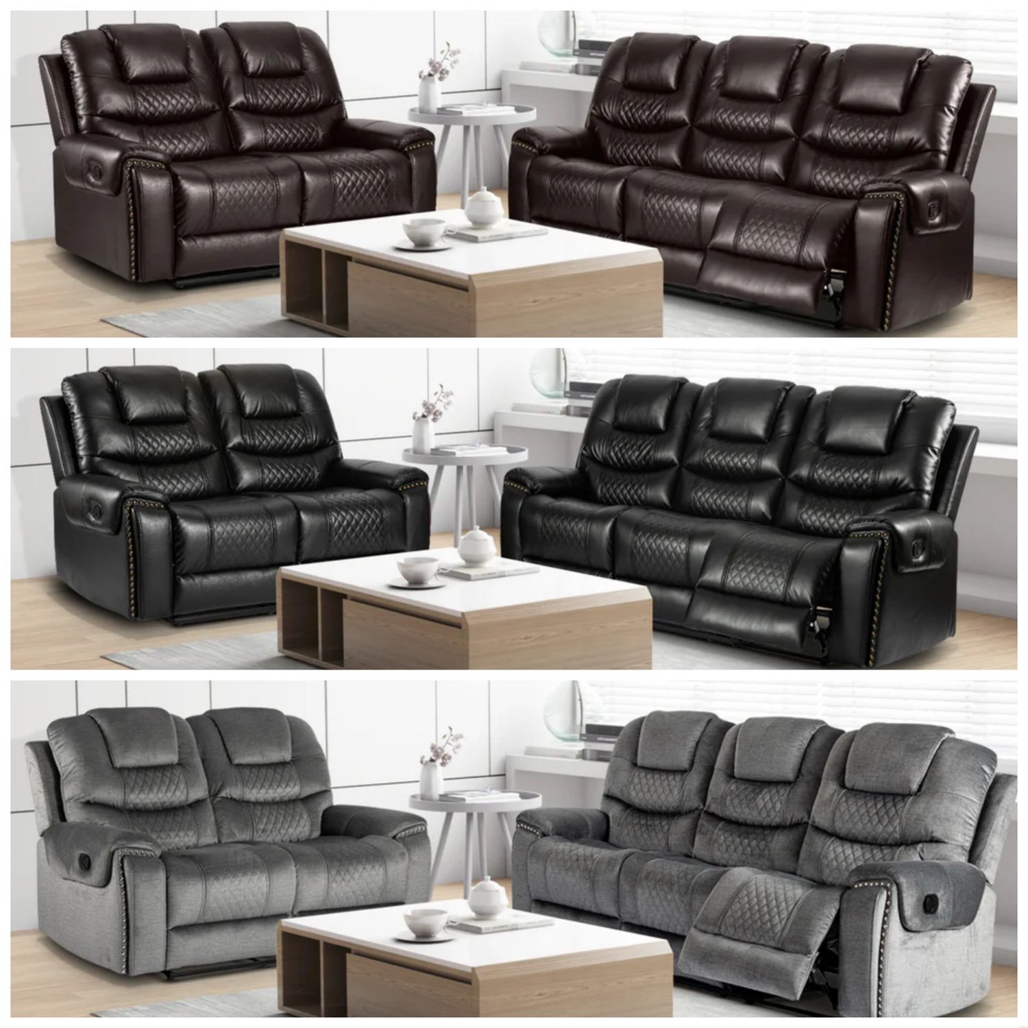 3 + 2 Seater Manual Recliner Sofa Set RAVENNA (Black and Brown Faux Leather and Grey Chenille)