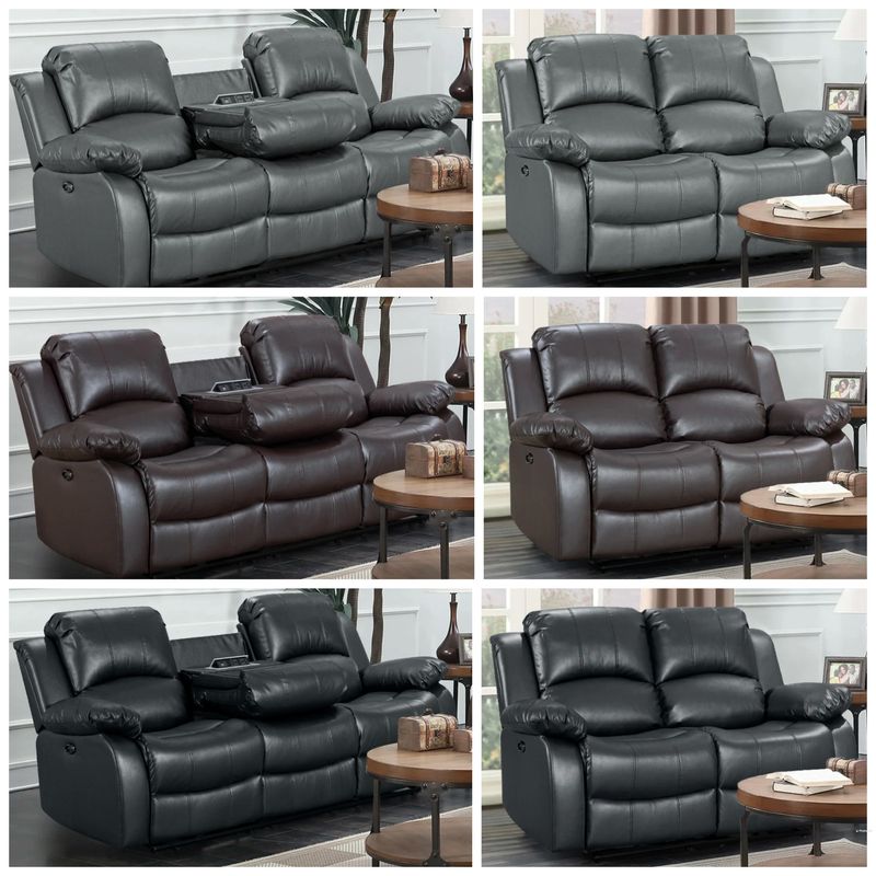 Faux Leather 3 + 2 Seater Electric Recliner Sofa Set (Grey, Black And Brown)