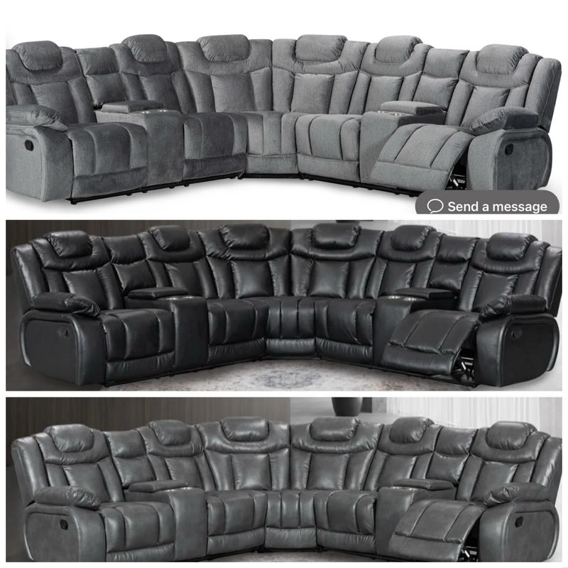 CLEARANCE- CORNER RECLINER SOFA WITH DRINK CONSOLE IN BLACK AND GREY LEATHER OR GREY CHENILLE FABRIC
