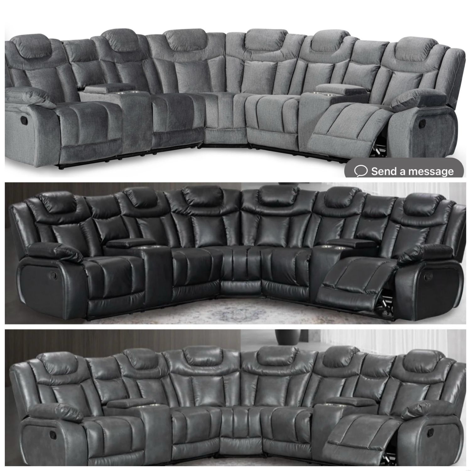 CLEARANCE- CORNER RECLINER SOFA WITH DRINK CONSOLE IN BLACK AND GREY LEATHER OR GREY CHENILLE FABRIC CLEARANCE- CORNER RECLINER SOFA WITH DRINK CONSOLE IN BLACK AND GREY LEATHER OR GREY CHENILLE FABRIC