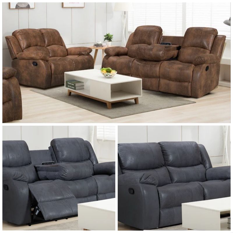 Leather Suede 3 + 2 Seater Manual Recliner Sofa Set (Brown And Grey)