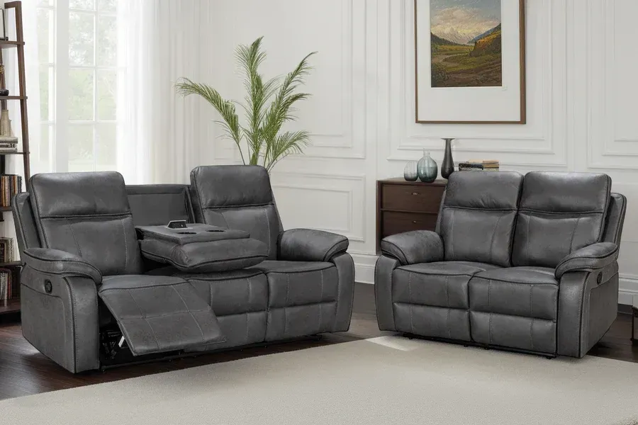Faux Leather Grey 3 + 2 Seater Manual Recliner Sofa Set with stitching