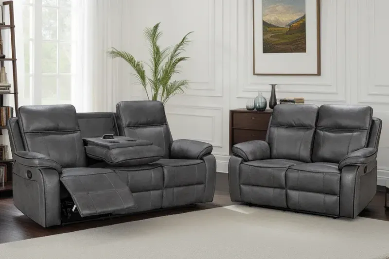 Faux Leather Grey 3 + 2 Seater Manual Recliner Sofa Set with stitching