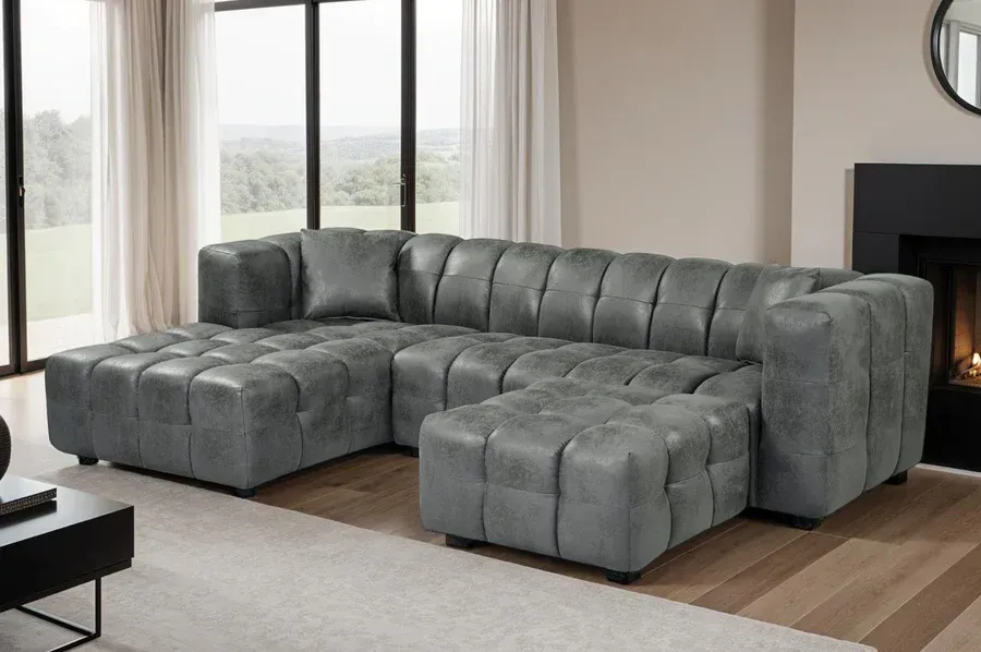 Faux Leather Suede Left Hand Facing Corner Sofa with Ottoman Faux Leather Suede Left Hand Facing Corner Sofa with Ottoman