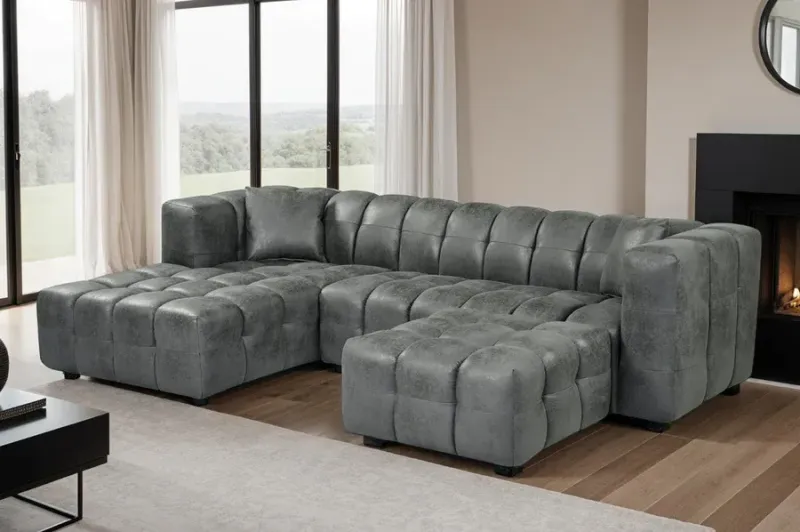 Faux Leather Suede Left Hand Facing Corner Sofa with Ottoman Faux Leather Suede Left Hand Facing Corner Sofa with Ottoman