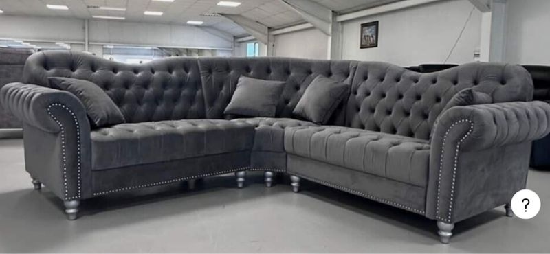 CLEARANCE- ELEGANCE CHESTERFIELD CORNER SOFA 5 SEATER - Available In Grey And Cream Plush Velvet CLEARANCE- ELEGANCE CHESTERFIELD CORNER SOFA 5 SEATER - Available In Grey And Cream Plush Velvet